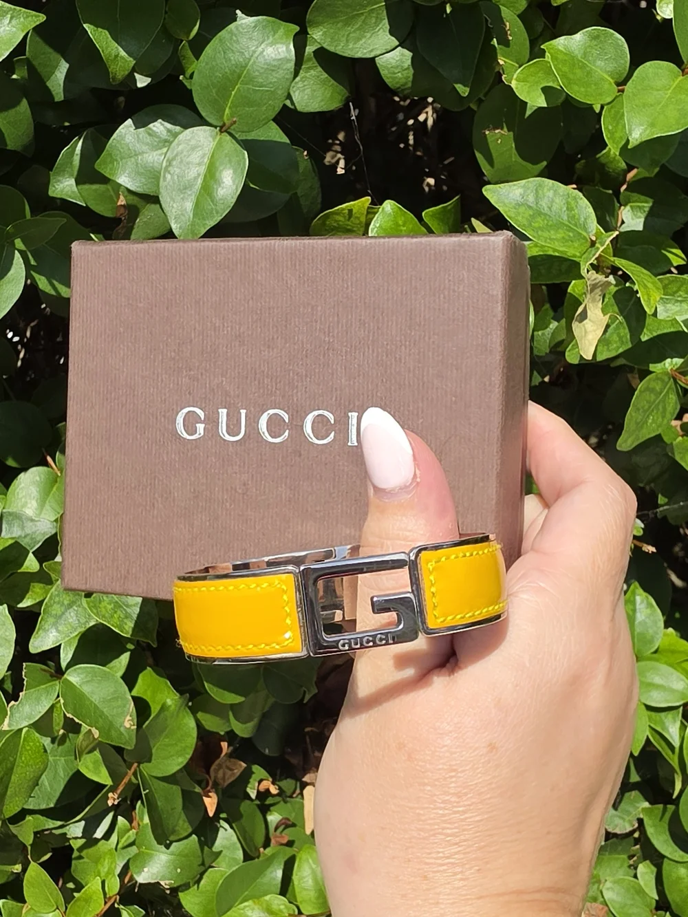 Gucci Leather G Hinge Bangle Mustard Color Silver-Tone Metal & Leather